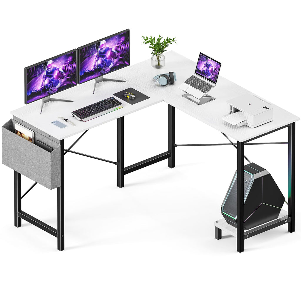 Sweetcrispy L Shaped Desk Computer Gaming Corner Table PC Workstation with CPU Stand Side Bag for Home Office Dorm Sturdy Writing Setup Furniture White 50 Inch Desk