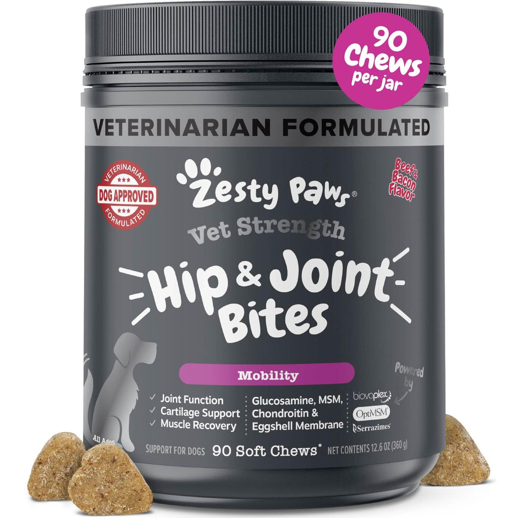 Zesty Paws Hip and Joint for Dogs, Glucosamine for Dogs Hip and Joint Supplement with Chondroitin, MSM, Vitamins C & E - Bacon, 90 Count