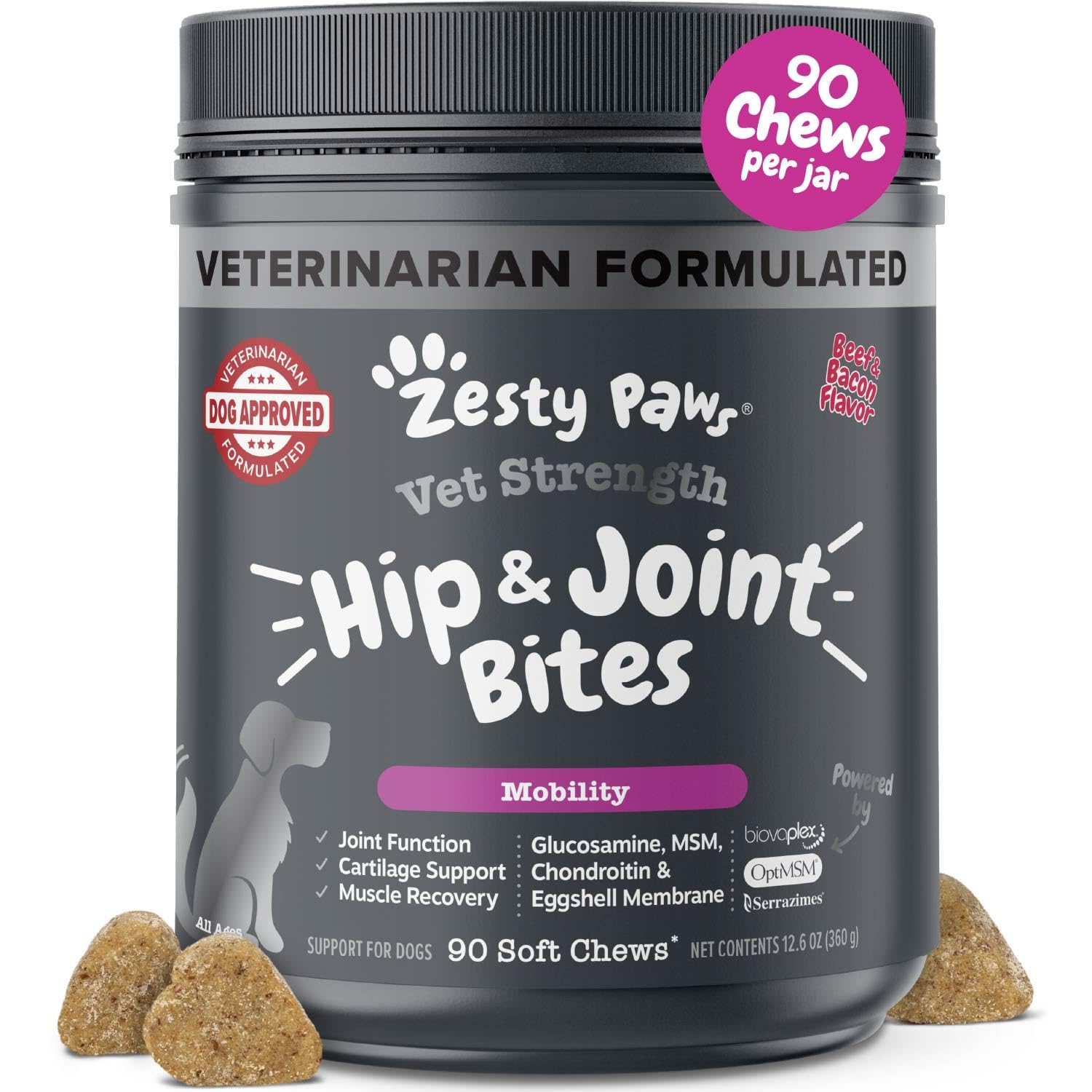Zesty Paws Hip and Joint for Dogs, Glucosamine for Dogs Hip and Joint Supplement with Chondroitin, MSM, Vitamins C & E - Bacon, 90 Count