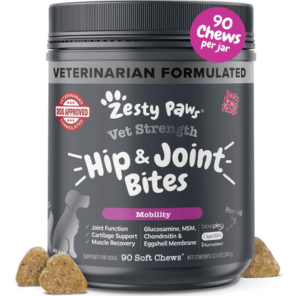 Zesty Paws Hip and Joint for Dogs, Glucosamine for Dogs Hip and Joint Supplement with Chondroitin, MSM, Vitamins C & E - Bacon, 90 Count