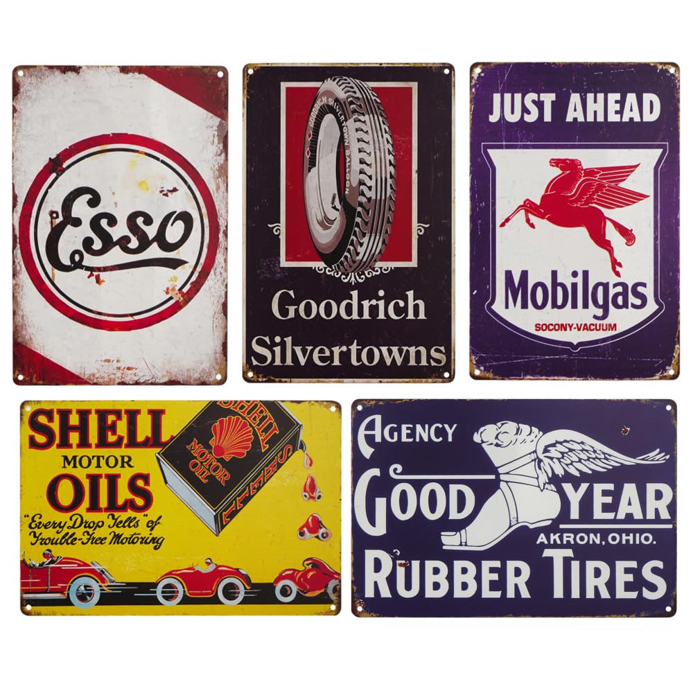 Vintage Tin Signs, Set of 5, Motor Oil and Automotive Advertisements, Metal, 8 x 12 Inches (Yellow)