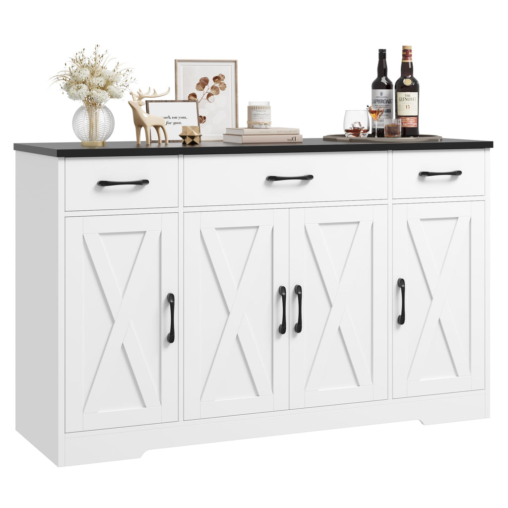 HOSTACK Buffet Cabinet with Drawers, 55" Large Sideboard Buffet Storage Cabinet with Shelves and Doors, Modern Farmhouse Coffee Bar Station Wood Kitchen Table for Kitchen, Dining Room, White/Rustic