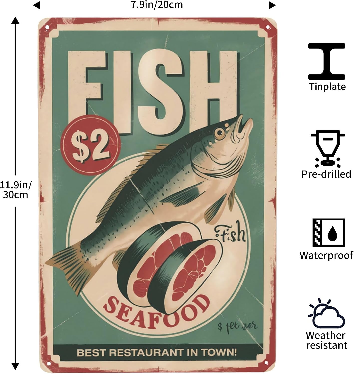 Indoor Seafood Fish Tin Sign Delicious Fresh Fish Best Restaurant In metal tin sign 8x12 inch decorative wall decor with vintage style for bar, garage, cabin and home spaces