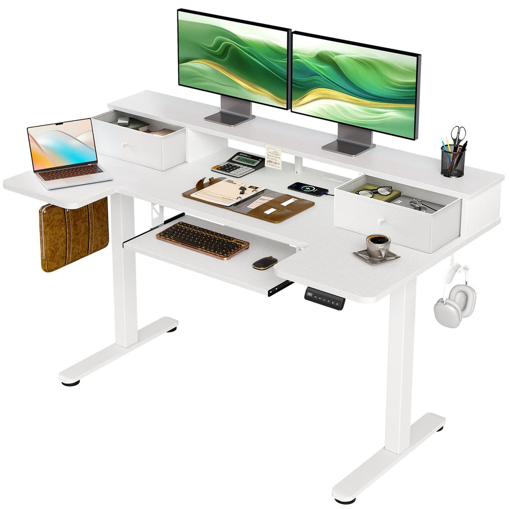 OffiGo U Shaped Electric Standing Desk with Keyboard Tray, 55 Inch Height Adjustable Desk with Power Outlets & LED Lights, Sit Stand Table with Monitor Stand for Home, Office, White