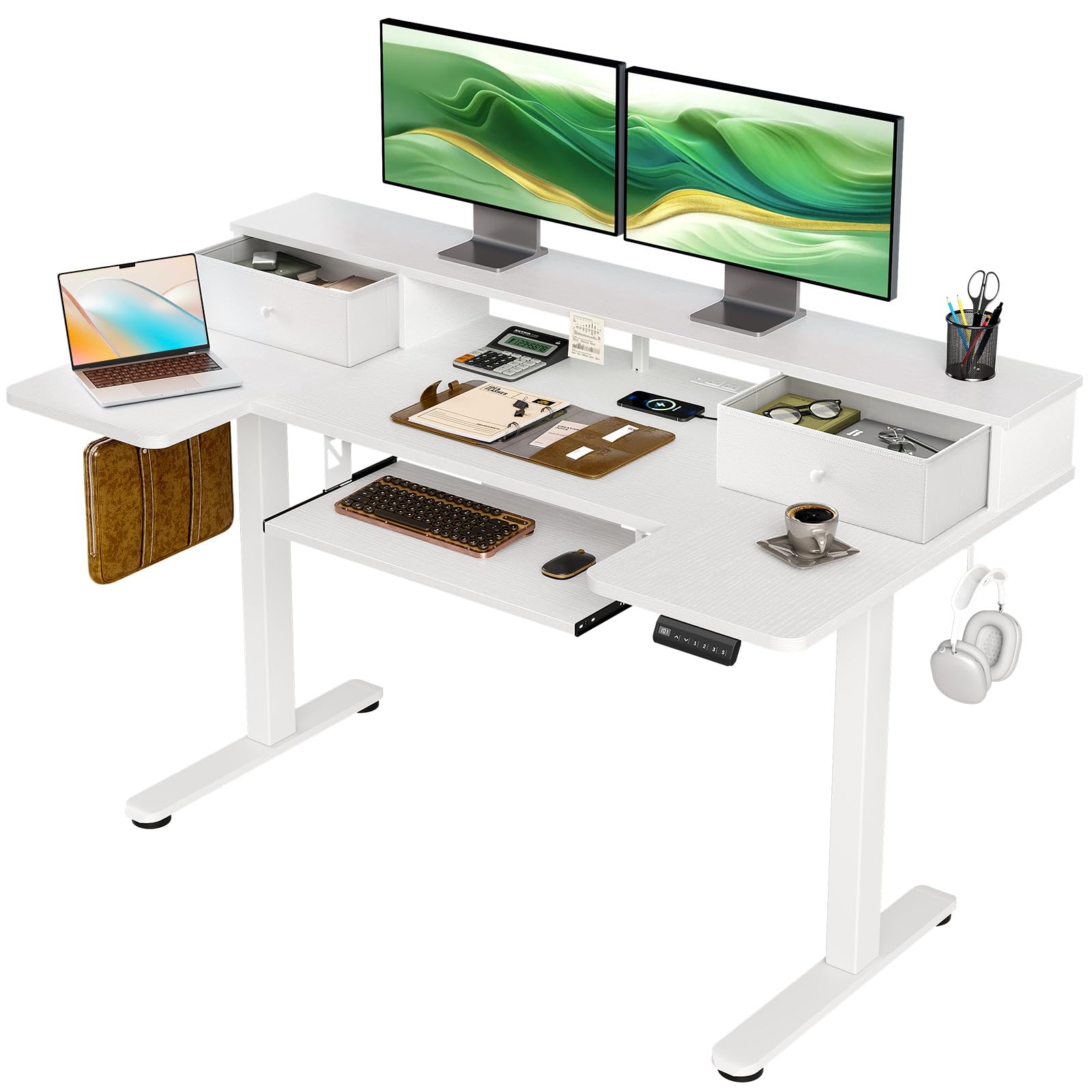 OffiGo U Shaped Electric Standing Desk with Keyboard Tray, 55 Inch Height Adjustable Desk with Power Outlets & LED Lights, Sit Stand Table with Monitor Stand for Home, Office, White
