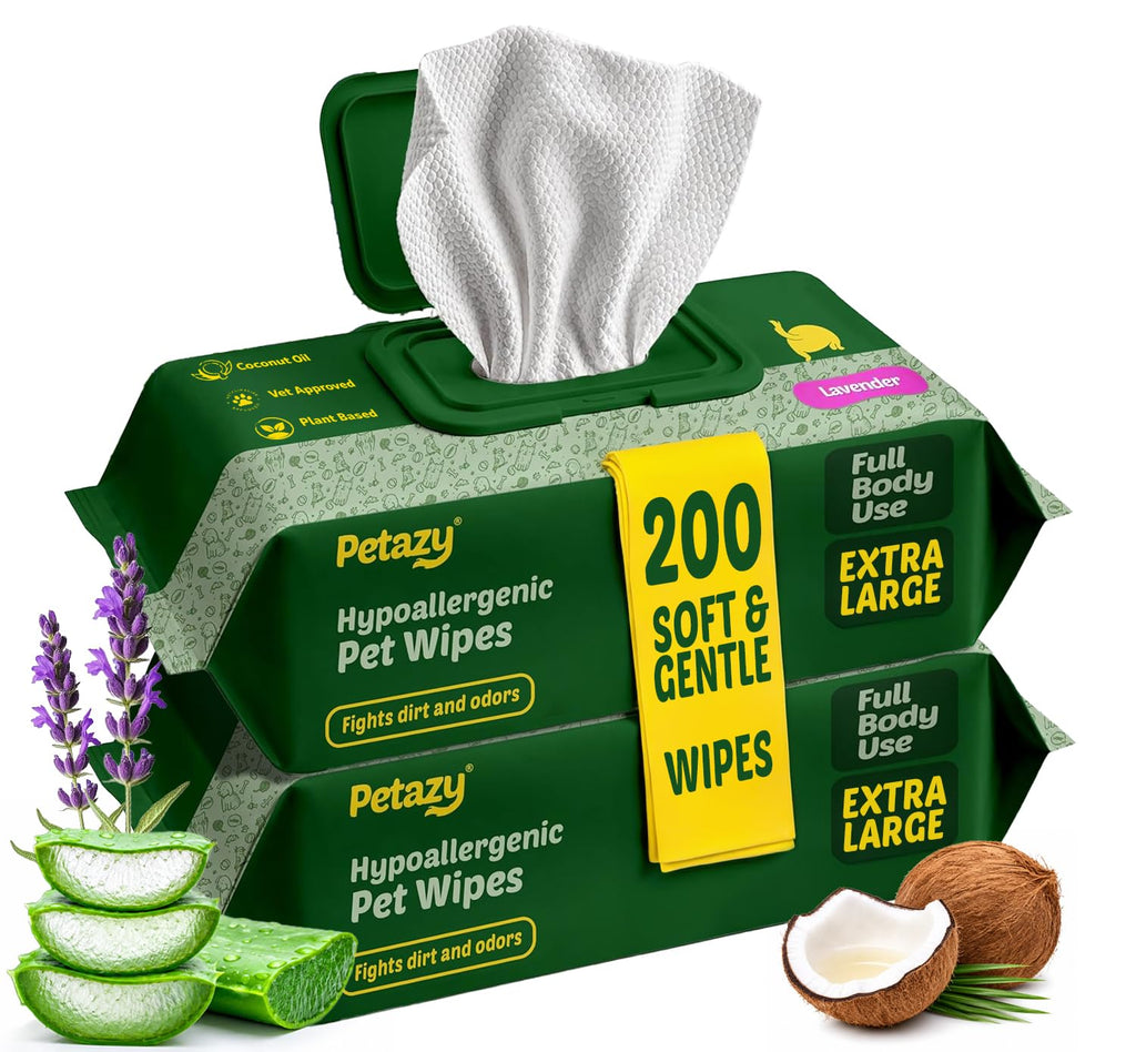 Petazy Pet Wipes for Dogs and Cats – 400 Count (8x8in) Hypoallergenic, Deodorizing Dog Wipes for Paws, Ears and Butt | XL with Aloe & Coconut Oil, Lavender Scented | Includes 4 Grooming Glove Wipes