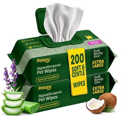Petazy Pet Wipes for Dogs and Cats – 400 Count (8x8in) Hypoallergenic, Deodorizing Dog Wipes for Paws, Ears and Butt | XL with Aloe & Coconut Oil, Lavender Scented | Includes 4 Grooming Glove Wipes
