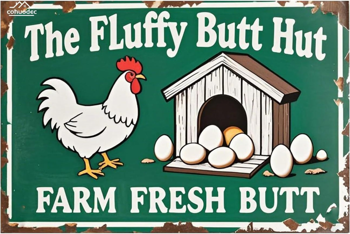 The Fluffy Butt Hut Farm Fresh Butt Nuggets Sign - Metal Sign (12x8 Inch) - Rustic Chicken Coop Decor for Farmhouse, Garden, Bar, or Garage - Funny Farm Door Plaque & Wall Art