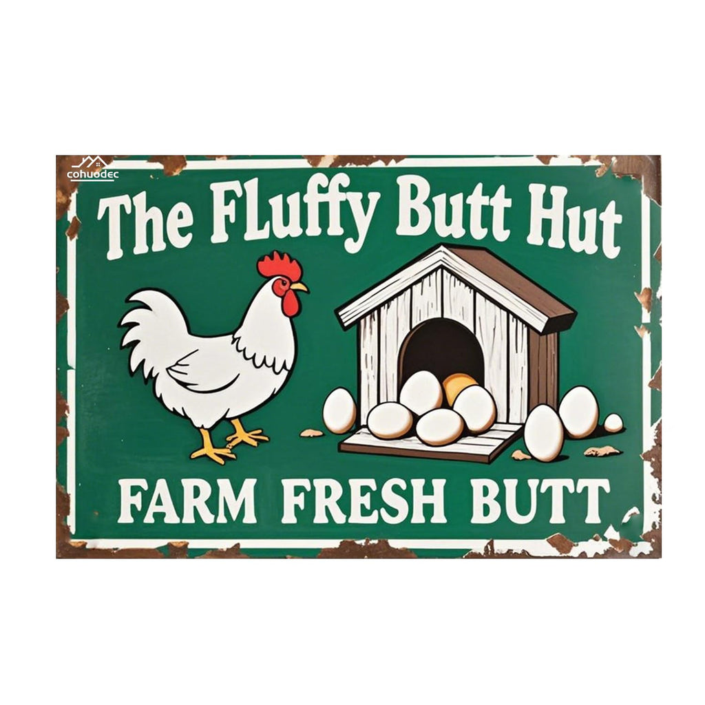 The Fluffy Butt Hut Farm Fresh Butt Nuggets Sign - Metal Sign (12x8 Inch) - Rustic Chicken Coop Decor for Farmhouse, Garden, Bar, or Garage - Funny Farm Door Plaque & Wall Art