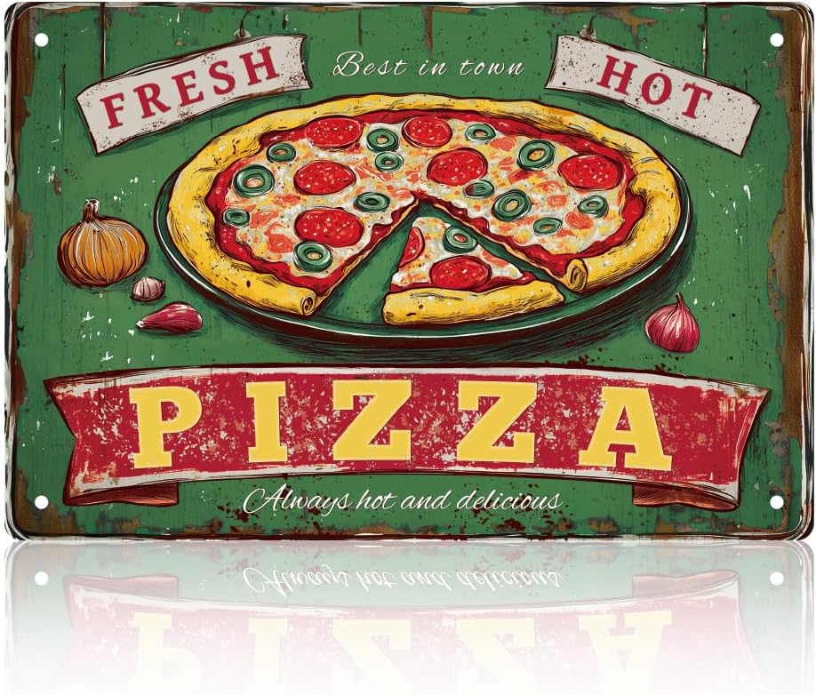 WEBEEDY Pizza Tin Signs Funny Food Poster Vintage Metal Wall Decor for Home Kitchen Restaurant,Delicious Pizza Fast Food Sign for Cafe Pub Bar Home Indoor Outdoor Retro Decor,8x12 Inch/20x30cm