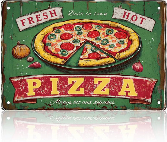 WEBEEDY Pizza Tin Signs Funny Food Poster Vintage Metal Wall Decor for Home Kitchen Restaurant,Delicious Pizza Fast Food Sign for Cafe Pub Bar Home Indoor Outdoor Retro Decor,8x12 Inch/20x30cm