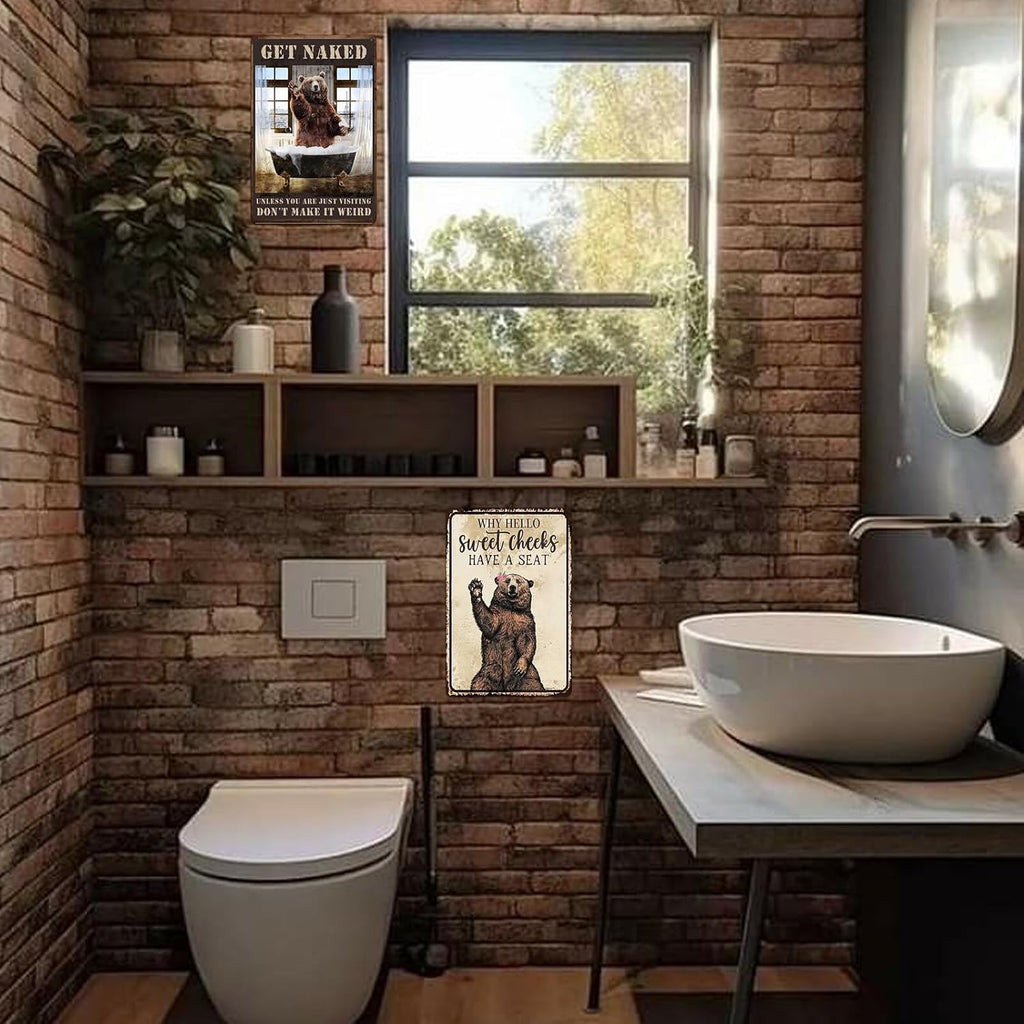 Bear Bathroom Decor Funny Bear Cabin Wall Art Mountain Bathroom Accessories Rustic Bear Pictures Wall Decor Metal Tin Sign Drinking Water Wall Art Decor 8x12 Inch
