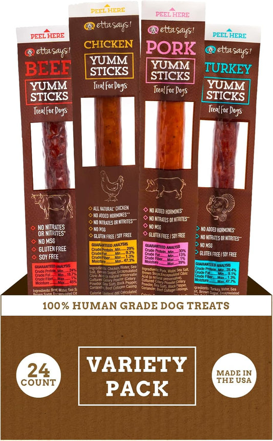 etta says! Yumm Sticks - Real Meat Dog Jerky Treats - Beef, Chicken, Pork, and Turkey Variety Pack - Human Grade - Made in The USA (24 Count Pack of 1)