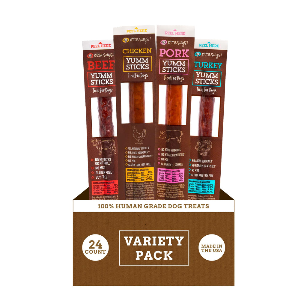 etta says! Yumm Sticks - Real Meat Dog Jerky Treats - Beef, Chicken, Pork, and Turkey Variety Pack - Human Grade - Made in The USA (24 Count Pack of 1)