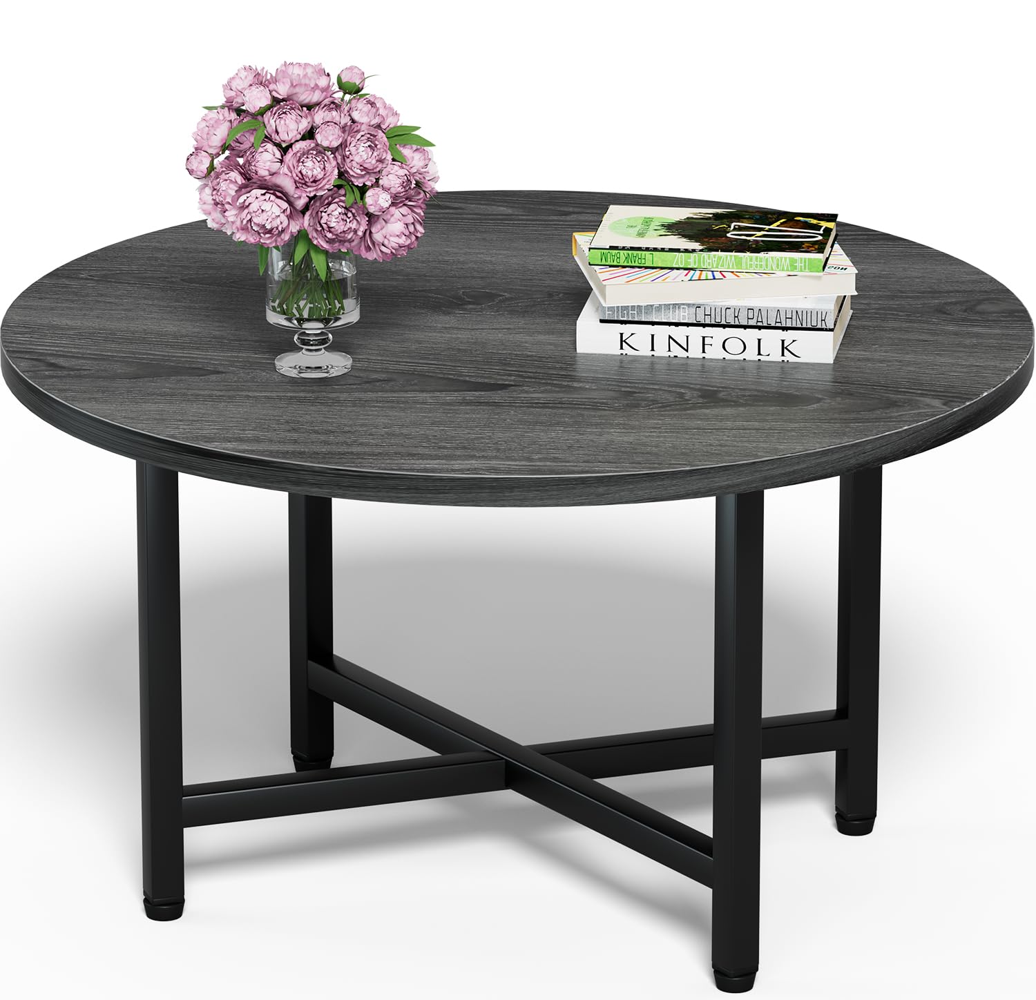 FAMIDGE Coffee Table, 23.6" Coffee Tables for Living Room, Round Coffee Table with Metal Frame, Floor Table for Sitting on The Floor, Home, Office, Black
