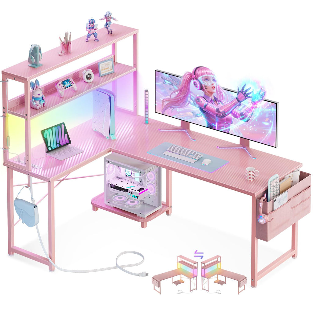 ODK 53 Inch L Shaped Gaming Desk with LED Lighting, Reversible Desk with Power Outlets, Cornor Computer Table with Storage Shelves & Bag & Iron Hook, Home Office Table for Writing, Study, Black