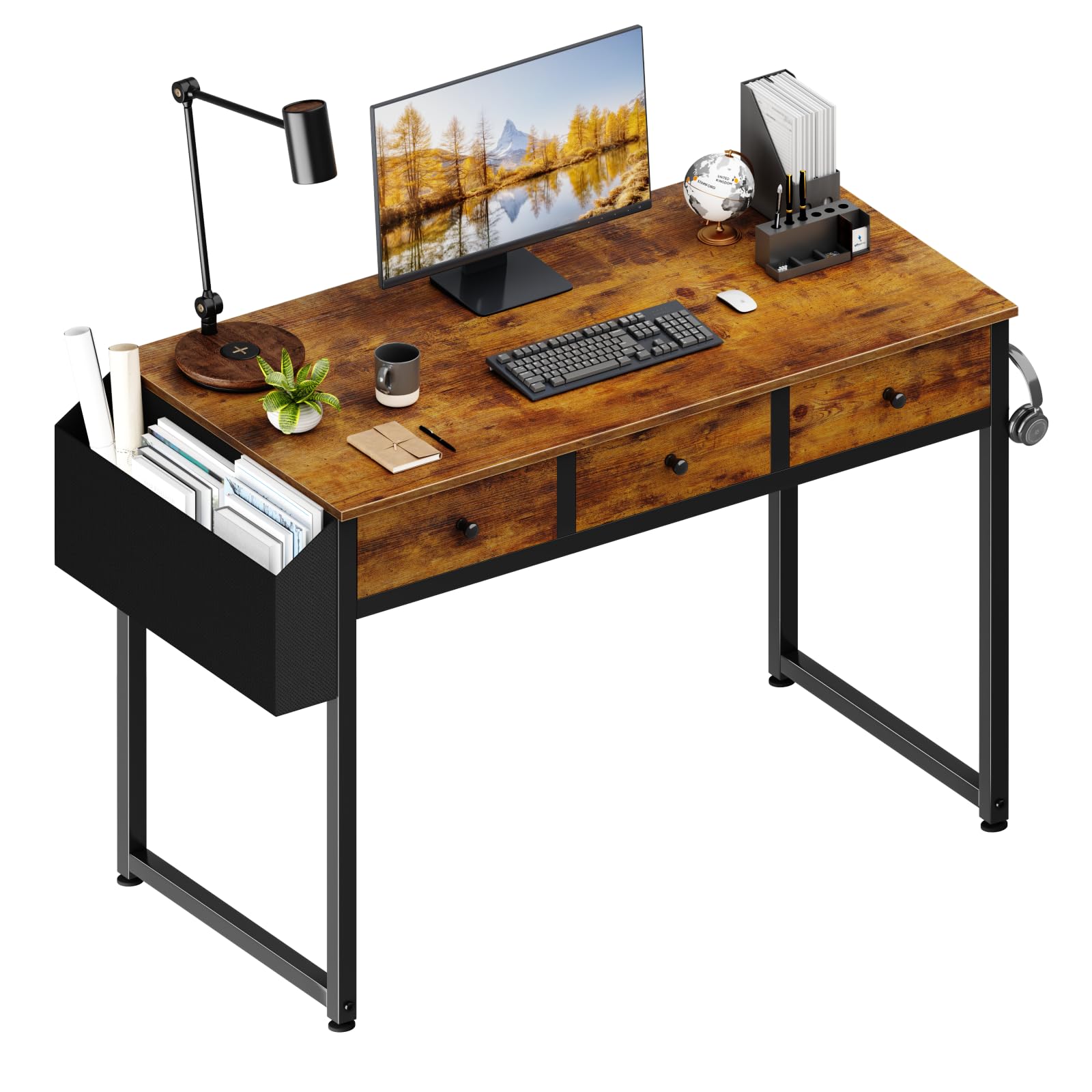 Lufeiya Small Computer Desk with 2 Drawers for Bedroom, 31 Inch Home Office Desk with Storage Fabric Drawer and Bag, Study Writing Table for Small Spaces, Rustic Brown