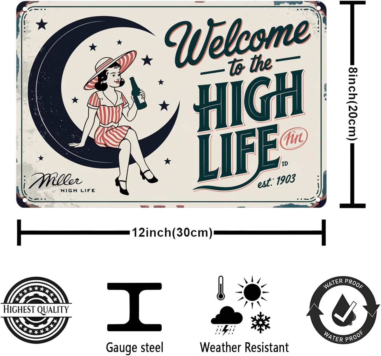 Vintage Miller High Life Girl Pin Up Metal Sign Retro Bar Decor Tin Sign Suitable for home bar, man cave, pub decoration 8 x 12, easy to hang