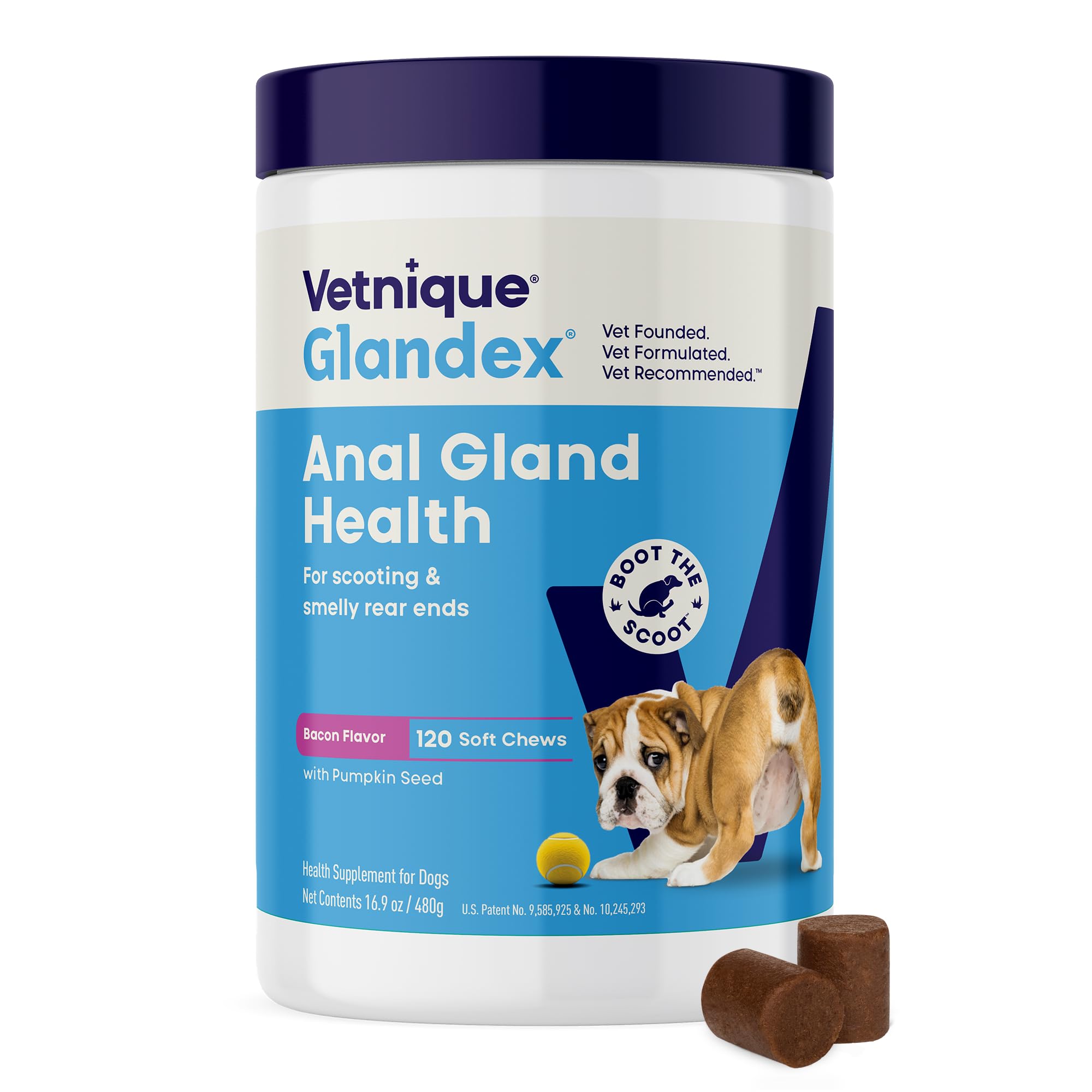 Vetnique Glandex Anal Gland Soft Chew Treats with Pumpkin for Dogs Digestive Enzymes, Probiotics Fiber Supplement for Dogs Boot The Scoot (Advanced Strength Duck/Bacon, 60 Ct)