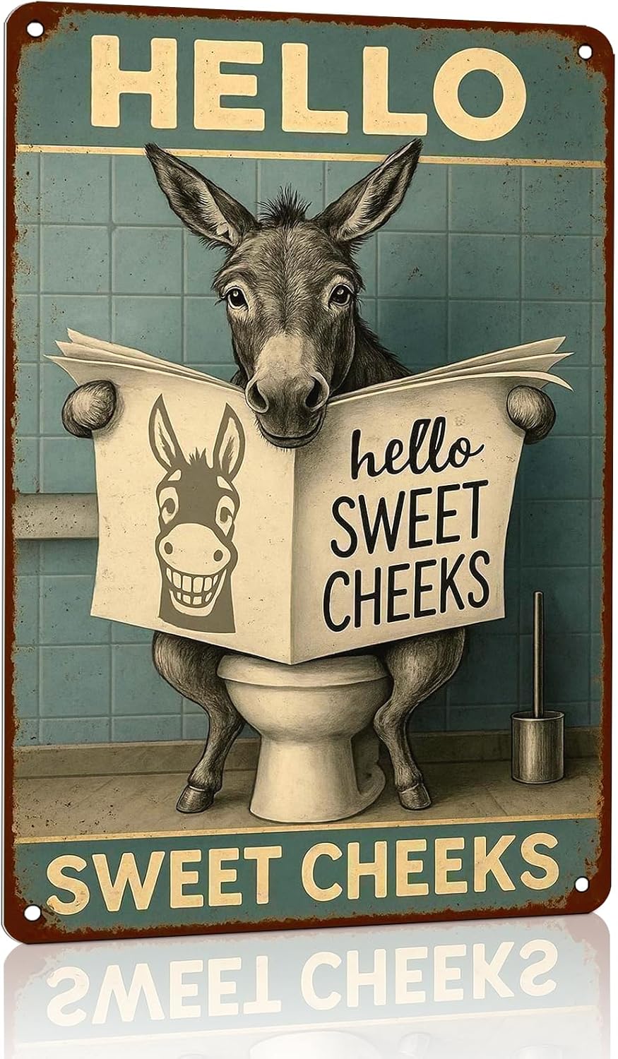 Funy Bathroom Sign Vintage Toilet Metal Tin Signs "Hello Sweet Cheeks" Funny Bathroom Metal Wall Art Print, Toilet Tin Signs Durable Retro Metal Signs Wall Decor Prints for Home, Restroom, Toilet or Bathroom 8x12 Inch