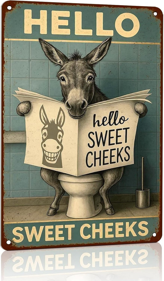 Funy Bathroom Sign Vintage Toilet Metal Tin Signs "Hello Sweet Cheeks" Funny Bathroom Metal Wall Art Print, Toilet Tin Signs Durable Retro Metal Signs Wall Decor Prints for Home, Restroom, Toilet or Bathroom 8x12 Inch