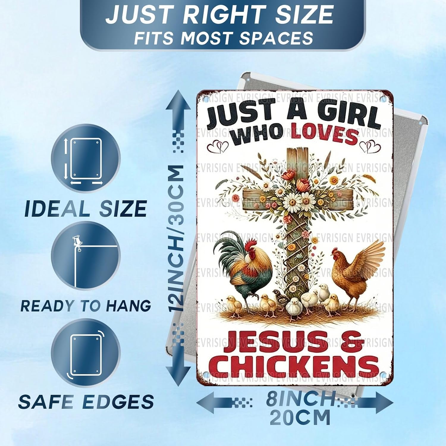 Funny Chicken Faith & Farmhouse Gifts Just A Girl Who Loves Jesus&Chickens Vintage Tin Sign for Farm Kitchen Garden or Cottage Wall 8x12Inch