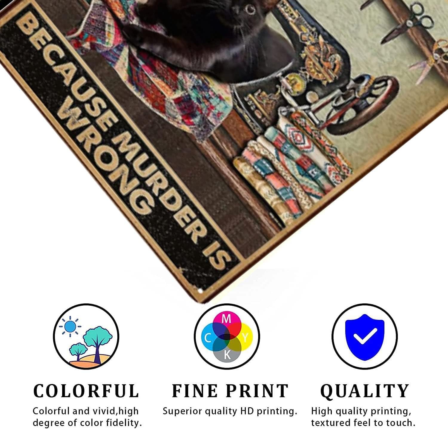 EMOHAT Quilting Because Murder Is Wrong Black Cat For Sewing Room Decor Gifts Best Decor Gift Ideas For Friends Metal Tin Painting Wall Decoration 8x12 Inch