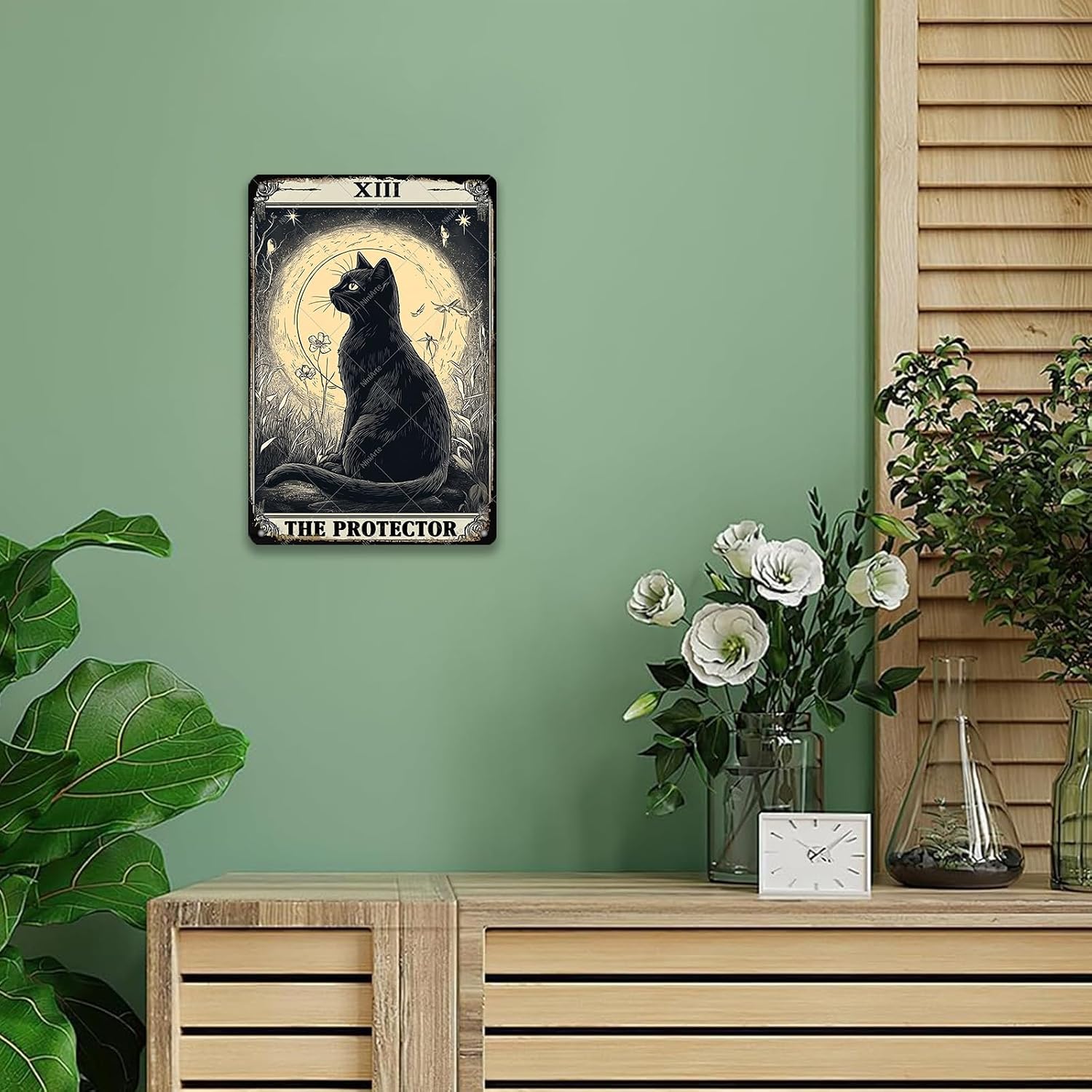 Vintage Tin Sign Metal Plaque Black Cat The Protector Tarot Cat Metal Sign Retro Wall Decor for Home Hotel Cafes Gift 12x8 Inch