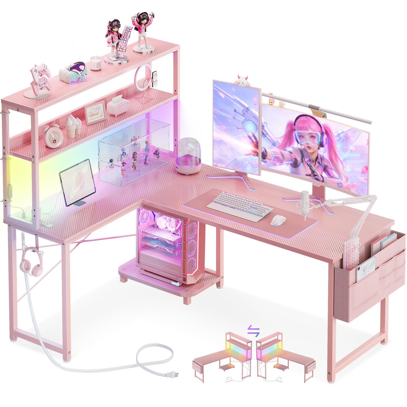 AODK L Shaped Desk Gaming Desk with LED Light & Power Outlet, 53 Inch Reversible L Shaped Computer Table with Shelf & Storage Bag & Hook for Home Office, Black