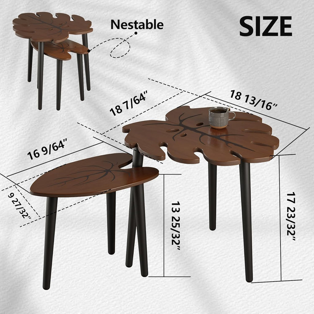 BAMEOS Monstera Leaf Nesting Tables Set of 2, Small Side Tables f Set with Leaf Vein Pattern, Modern Wooden CoffeeTables for Living Room Bedroom Apartment Balcony Yard
