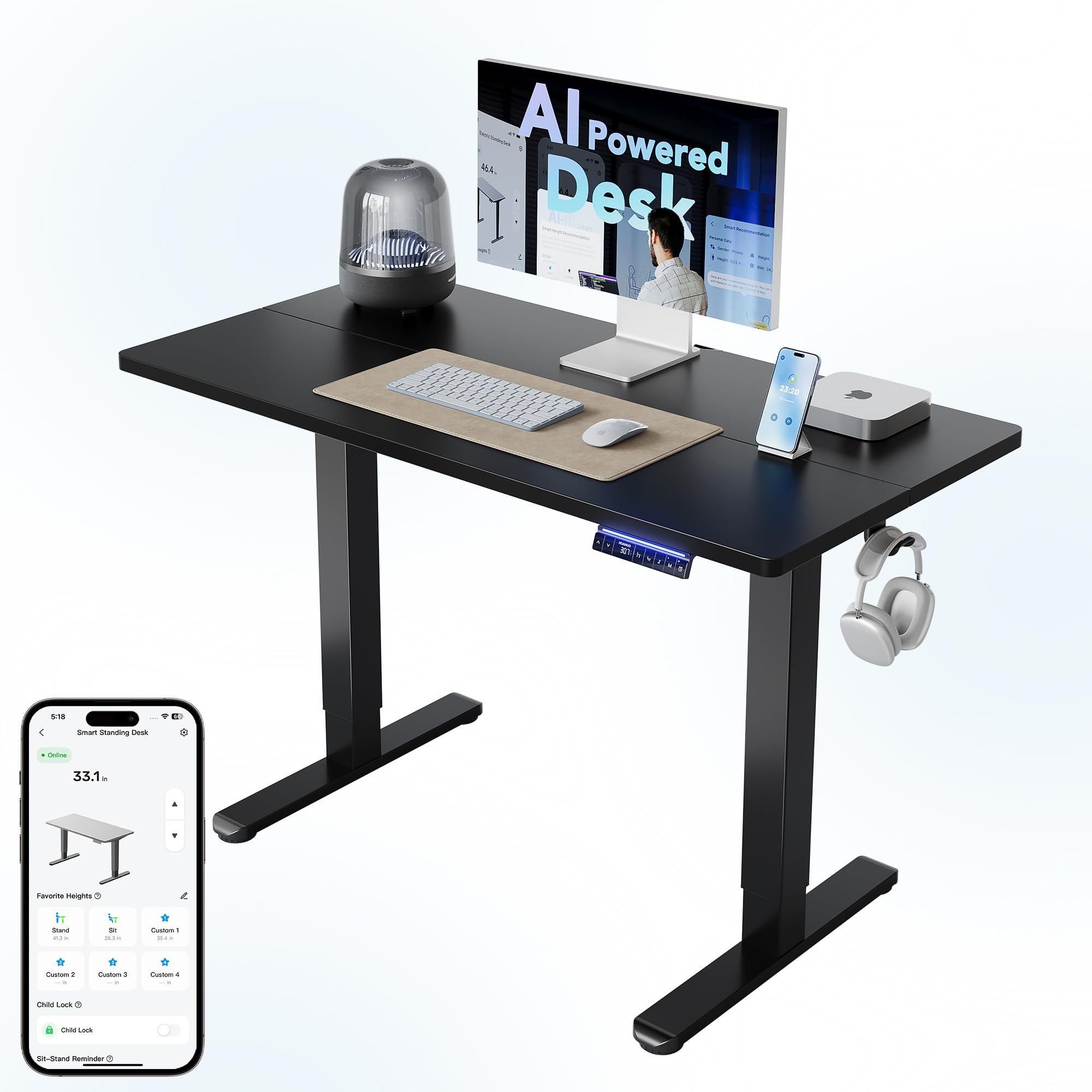 HUANUO 32" Small Electric Standing Desk Adjustable Height, 4 Memory Height Settings, Sit Stand Up Desk for Home Office & Computer Workstation, LightWalnut