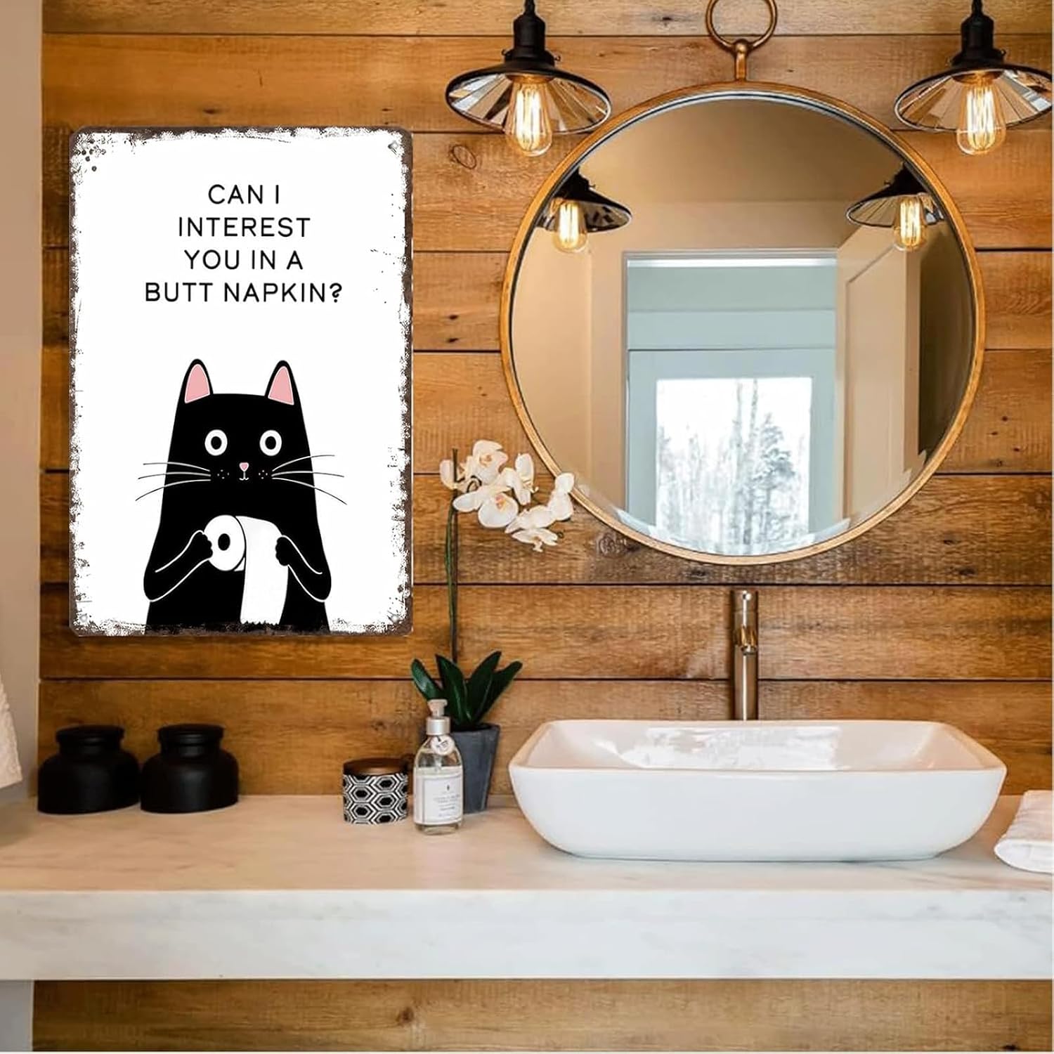 Funny Vintage Bathroom Wall Decor Metal Tin Sign, Cat Mom Gifts for Women, Retro Aluminum Wall Art for Cats Lover, "Can I Interest You In A Butt Napkin", Toilet Decoration Metal Sign 8x12in