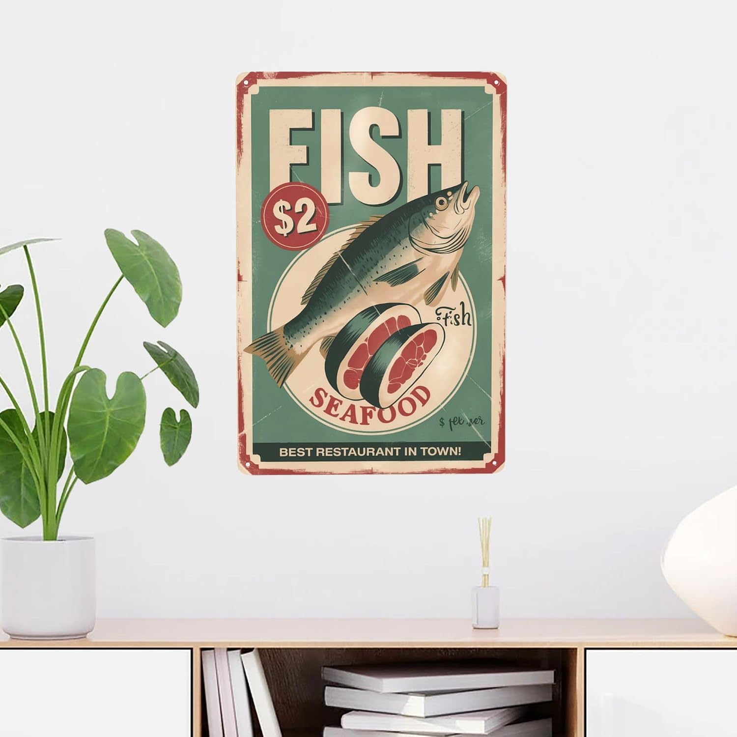 Indoor Seafood Fish Tin Sign Delicious Fresh Fish Best Restaurant In metal tin sign 8x12 inch decorative wall decor with vintage style for bar, garage, cabin and home spaces