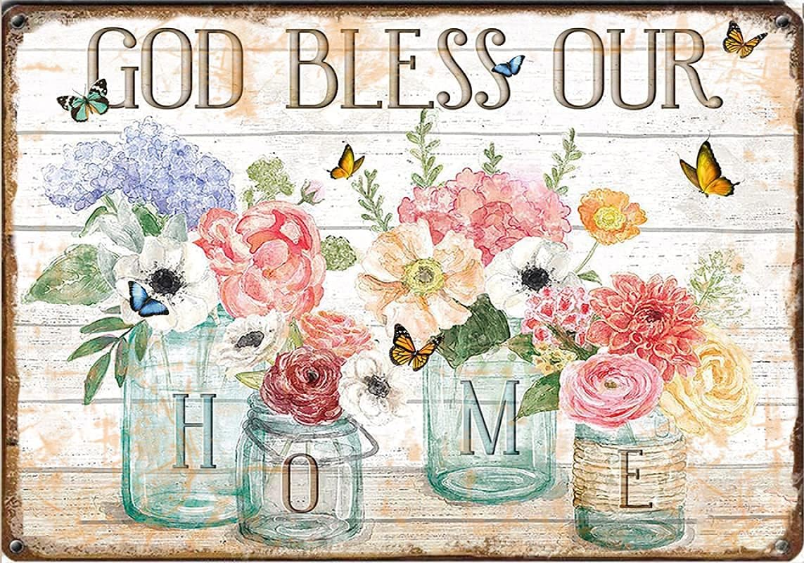 Retro Vintage Metal Tin Sign God Bless Our Home Funny Gift for Him Or Her Home Novelty Sign Poster for Home Garden Kitchen Bar Cafe Restaurant Garage Wall Decor 12x8 Inch