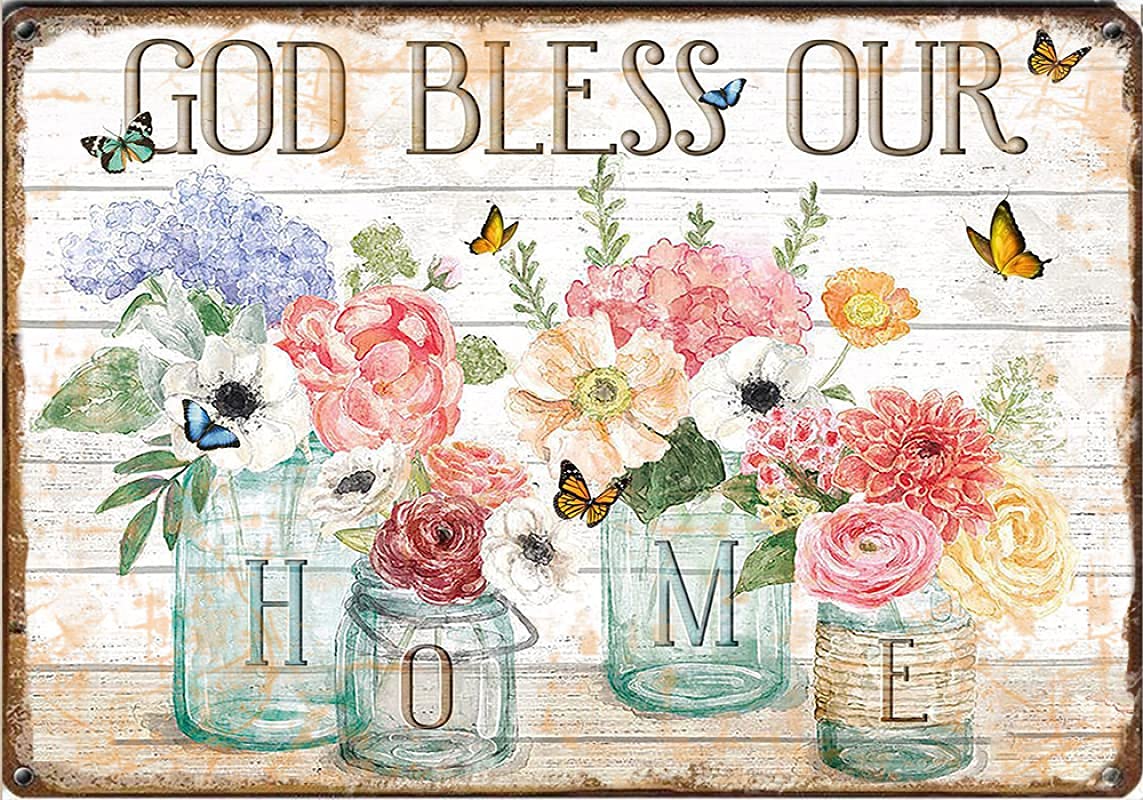 Retro Vintage Metal Tin Sign God Bless Our Home Funny Gift for Him Or Her Home Novelty Sign Poster for Home Garden Kitchen Bar Cafe Restaurant Garage Wall Decor 12x8 Inch