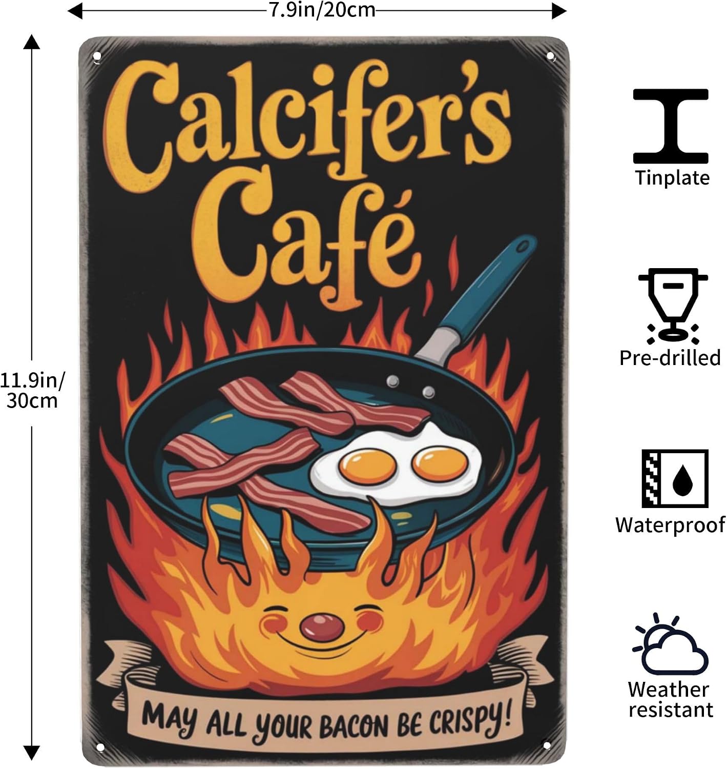 8x12 Inch Metal Sign Featuring Elegant Calcifers Cafe May All Your Bacon Be Crispy Funny Anime Kitchen Sign Decor With Distinctive Artistic Fonts For Residential Living Display
