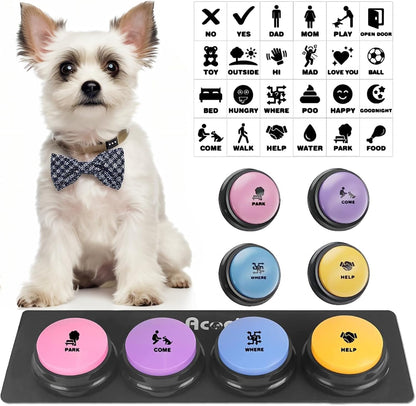 Acools Dog Buttons for Communication, 4 Dog Talking Button Set, Speaking Buttons for Cats and Dogs, 30s Voice Recordable Pet Training Buzzer with Waterproof Dog Activity Mat and 48 Scene Stickers