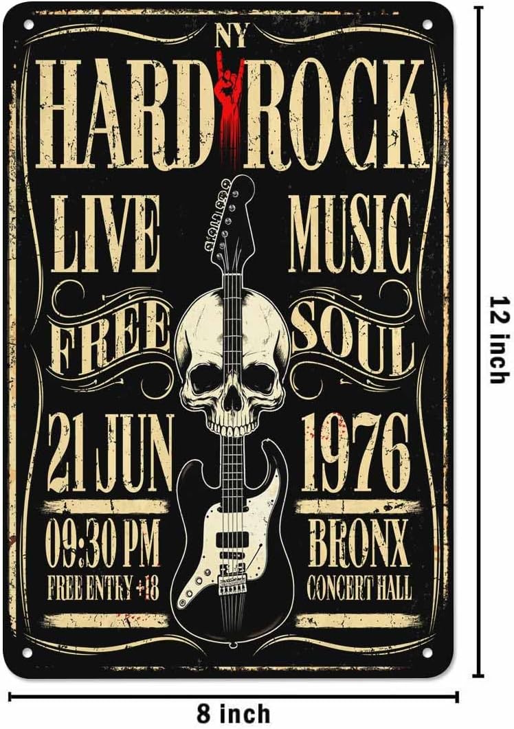AOYEGO Hard Rock Poster Tin Sign,Rock Roll Music with Skull Guitar Vintage Metal Tin Signs for Cafes Bars Pubs Shop Wall Decorative Funny Retro Signs for Men Women 8x12 Inch