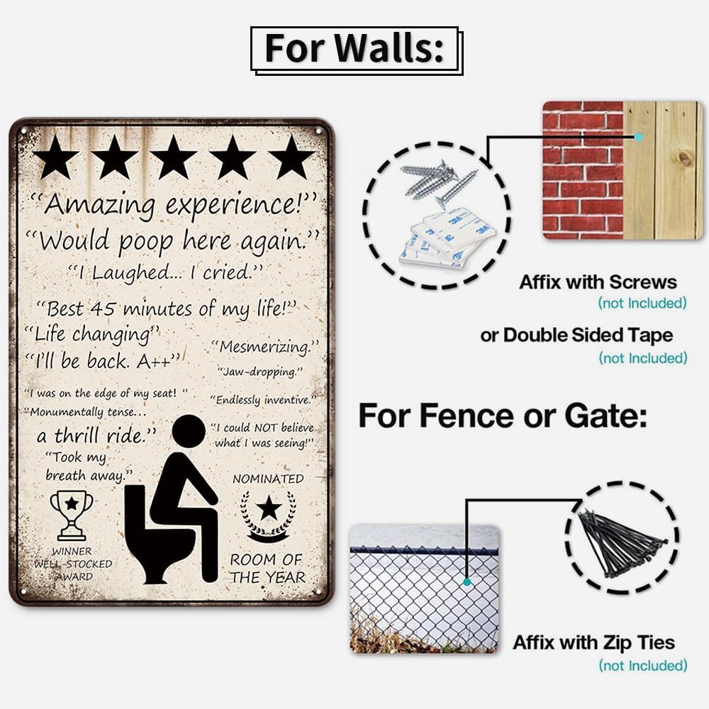 YOYI ART Funny Bathroom Signs Decor - 5 Stars Would Poop Here Again Bathroom Sign, Metal Tin Signs Vintage for Bathroom, Toilet and Farm Restroom Wall Decor Art Accessories, Cool Stuff, 8 x 12 inch