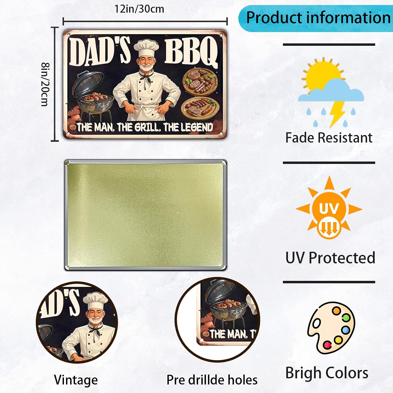 Dad's BBQ Metal Tin Sign BBQ Retro Metal Tin Sign Home Kitchen Wall Decor 12x8 Inch Funny Plaque