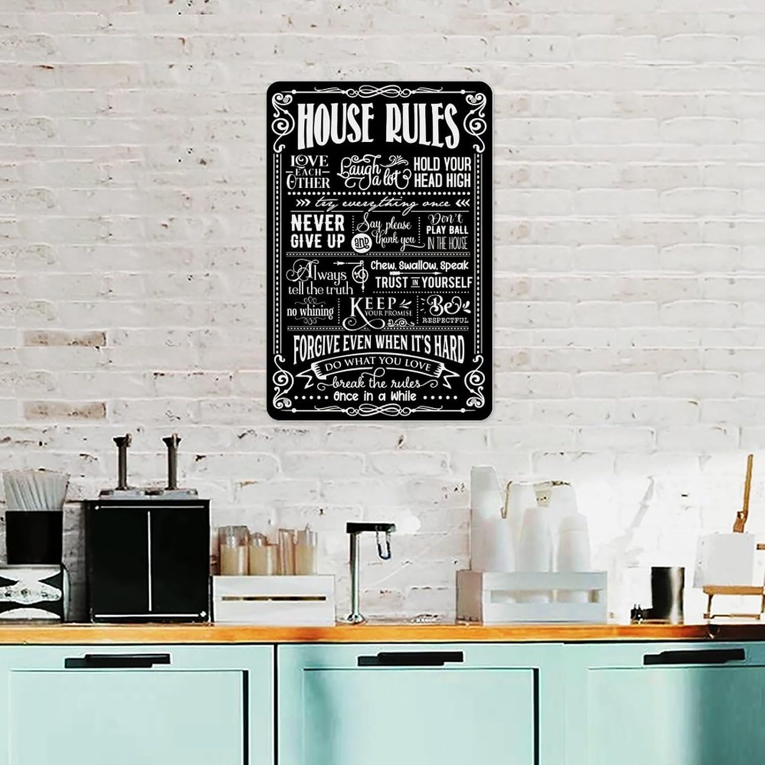 House Rules Metal Tin Sign – Black & White Family Rules Typography Poster, Chalkboard Farmhouse Rustic Wall Art for Entryway Kitchen Living Room, Vintage Home Decor 12x8 Inch