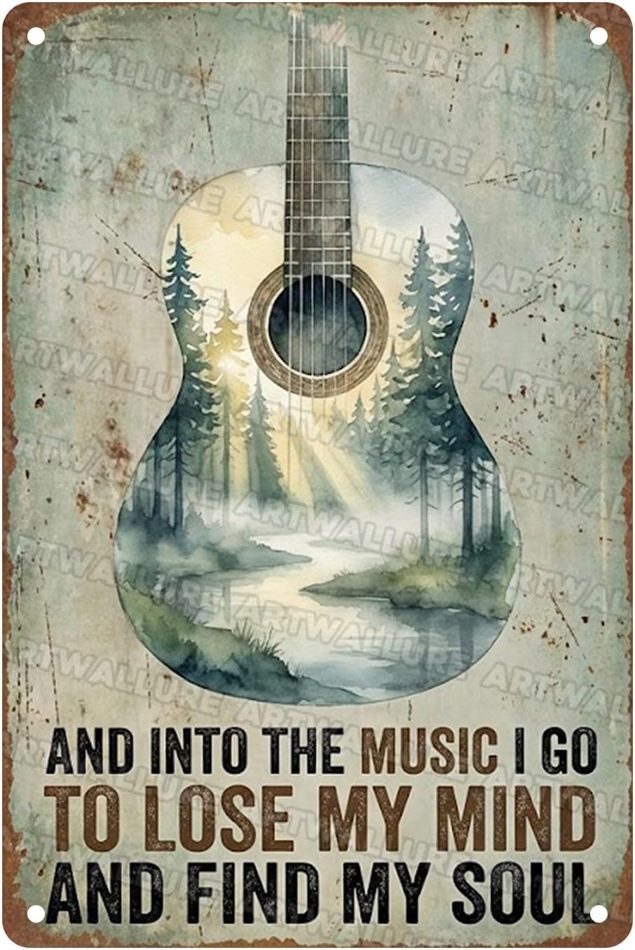 Acoustic Guitar Metal Tin Sign Nature Scenery Music Decor Vintage Wall Art Gift for Guitar Player Camping Lover 8x12Inch