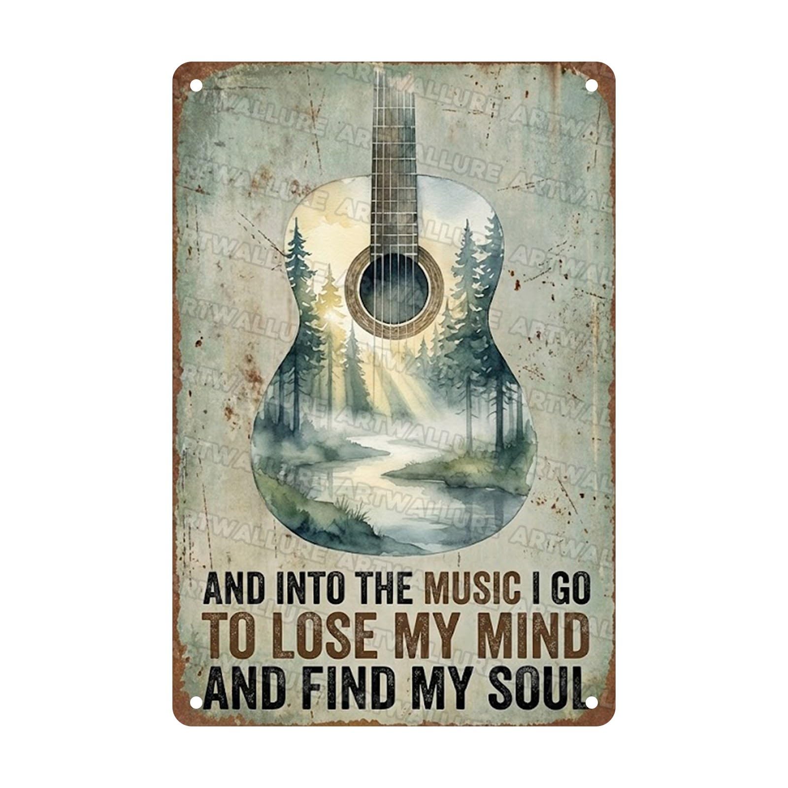 Acoustic Guitar Metal Tin Sign Nature Scenery Music Decor Vintage Wall Art Gift for Guitar Player Camping Lover 8x12Inch