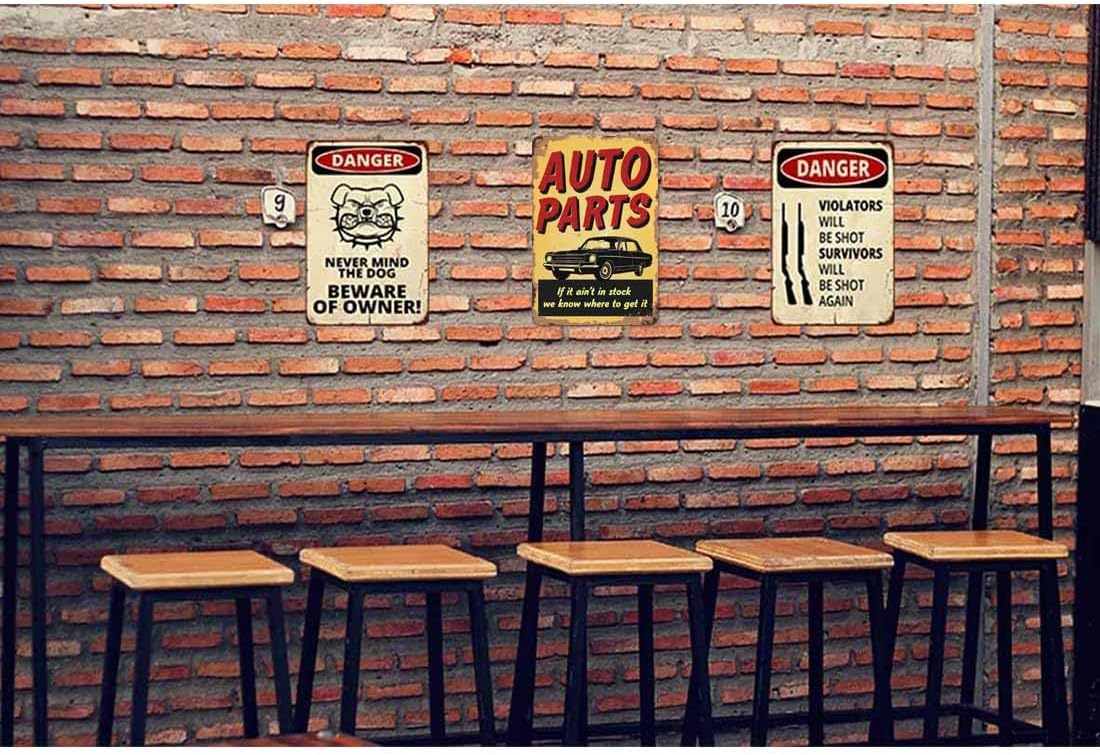 AOYEGO Auto Parts Tin Sign,Car and Lettering On Yellow Background Vintage Metal Tin Signs for Cafes Bars Pubs Shop Wall Decorative Funny Retro Signs for Men Women 8x12 Inch