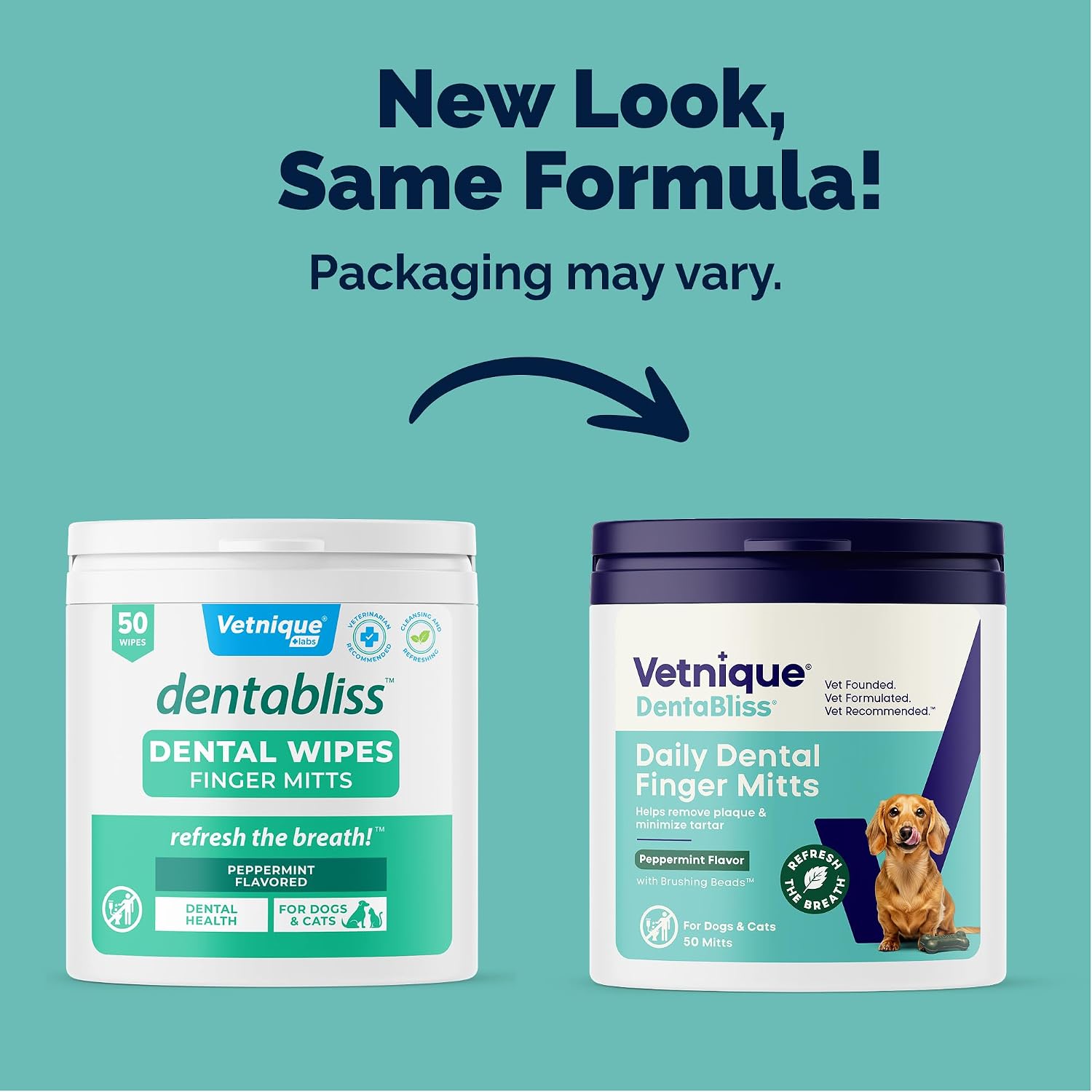 Vetnique Dentabliss Cat & Dog Teeth Cleaning Dental Wipes, Dog Toothbrush Alternative Finger Mitt Pet Wipes, Tartar & Breath Freshener, Vet Formulated Pet Dental Care, 50ct (Peppermint Flavored)