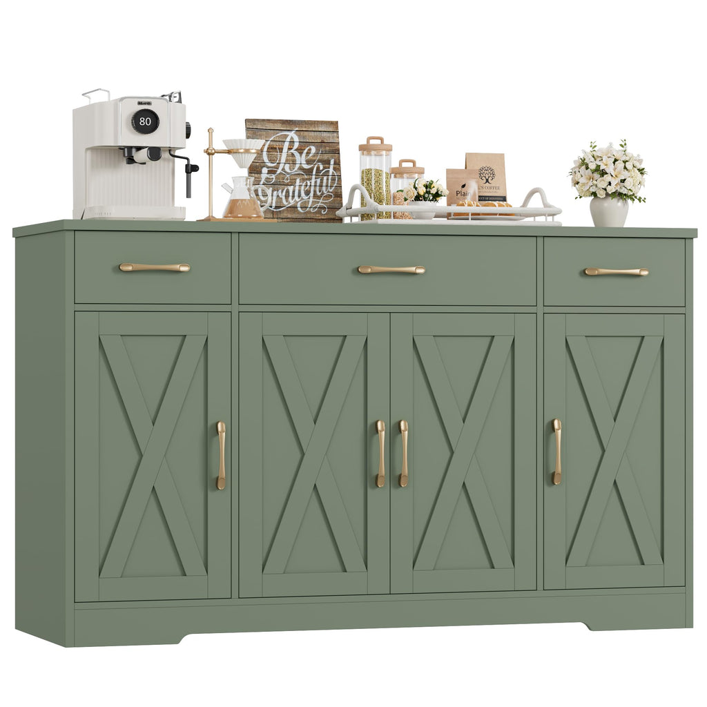 HOSTACK Buffet Cabinet with Drawers, 55" Large Sideboard Buffet Storage Cabinet with Shelves and Doors, Modern Farmhouse Coffee Bar Station Wood Kitchen Table for Kitchen, Dining Room, White/Rustic