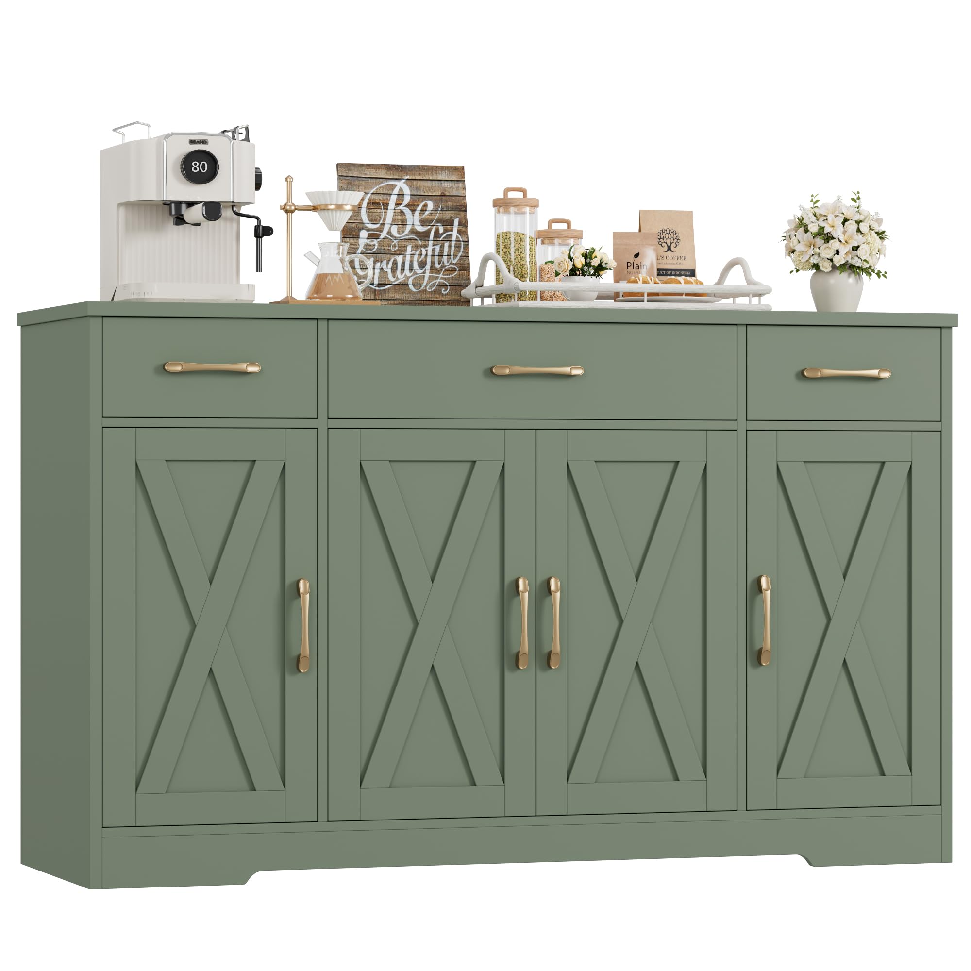 HOSTACK Buffet Cabinet with Drawers, 55" Large Sideboard Buffet Storage Cabinet with Shelves and Doors, Modern Farmhouse Coffee Bar Station Wood Kitchen Table for Kitchen, Dining Room, White/Rustic