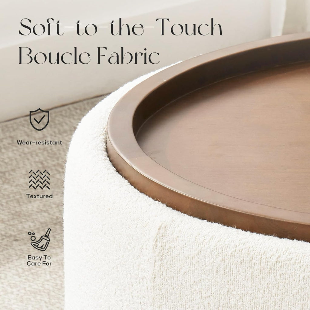 Zihanhome 30 Inch Round Storage Ottoman Coffee Table, Modern Boucle Ottoman with Lift-Off Lid and Solid Wood Legs for Living Room, Bedroom, Corners, Apartments (Beige)