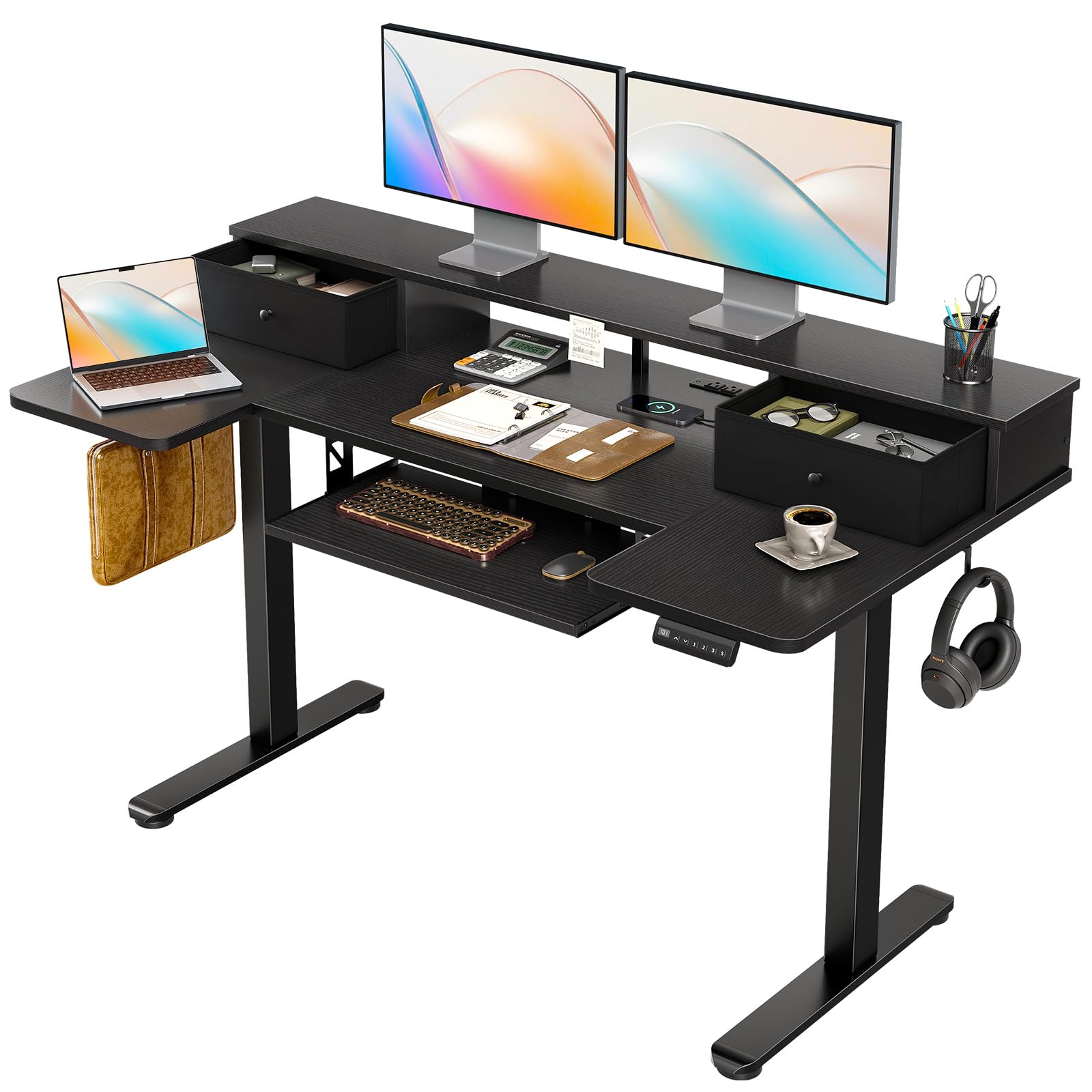 OffiGo U Shaped Electric Standing Desk with Keyboard Tray, 55 Inch Height Adjustable Desk with Power Outlets & LED Lights, Sit Stand Table with Monitor Stand for Home, Office, White