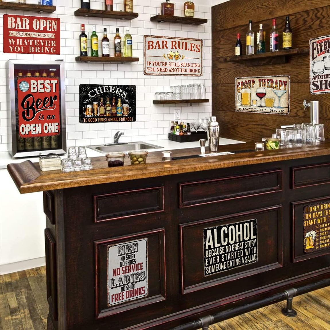 Funny Bar Signs For Home Bar Decor Metal Tin Signs Vintage Man Cave Sign Bar Accessories Garage Decor For Men Pub Wall Decor Open Rules Tin Sign 8×12 Inch (9 Pcs)